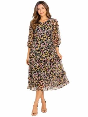 Taylor size 8 Floral Tiered Midi Dress in Black and Pink